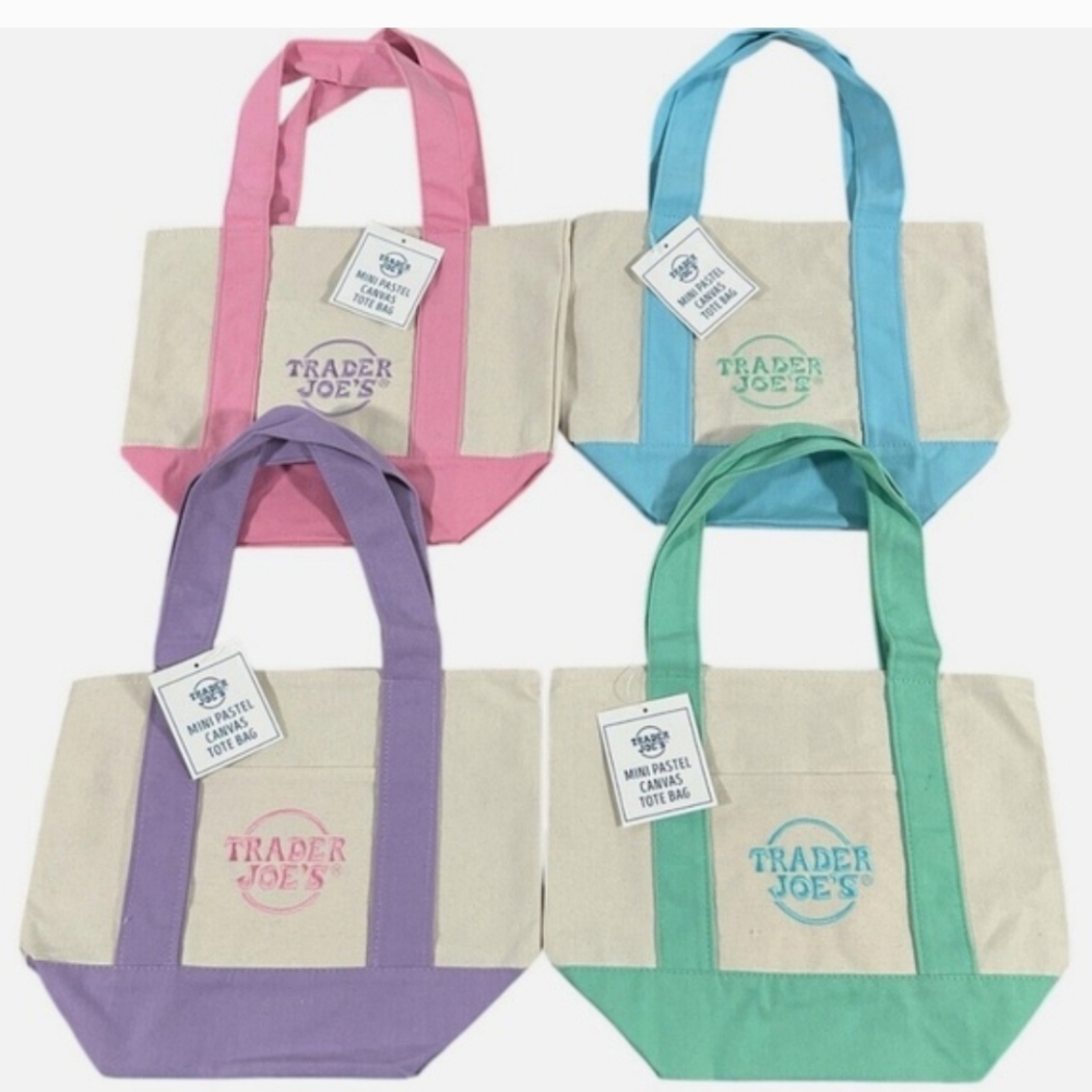 Trader Joe’s Pastel Mini Canvas Tote Bag Set of Four Pink Green Blue Purple NWT